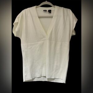 Saks Fifth Avenue Cream Short Sleeve V-Neck Knit Top 100% Cotton Size XL